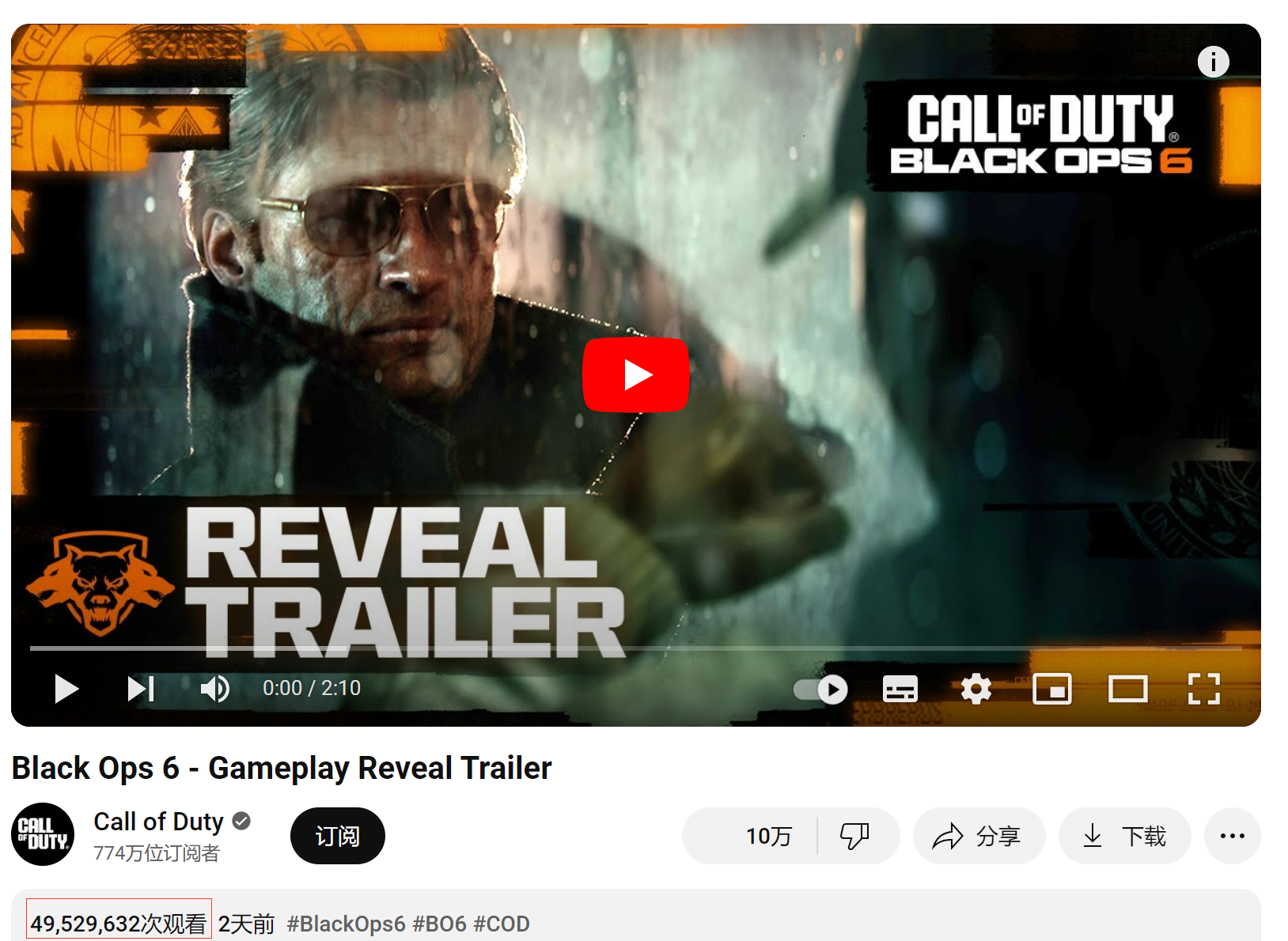 《使命召唤21:黑色行动6》预告播放数历代之最 官方频道近5000万