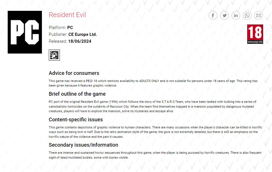 PEGI评级18+ 《生化危机:重制版》或将发布