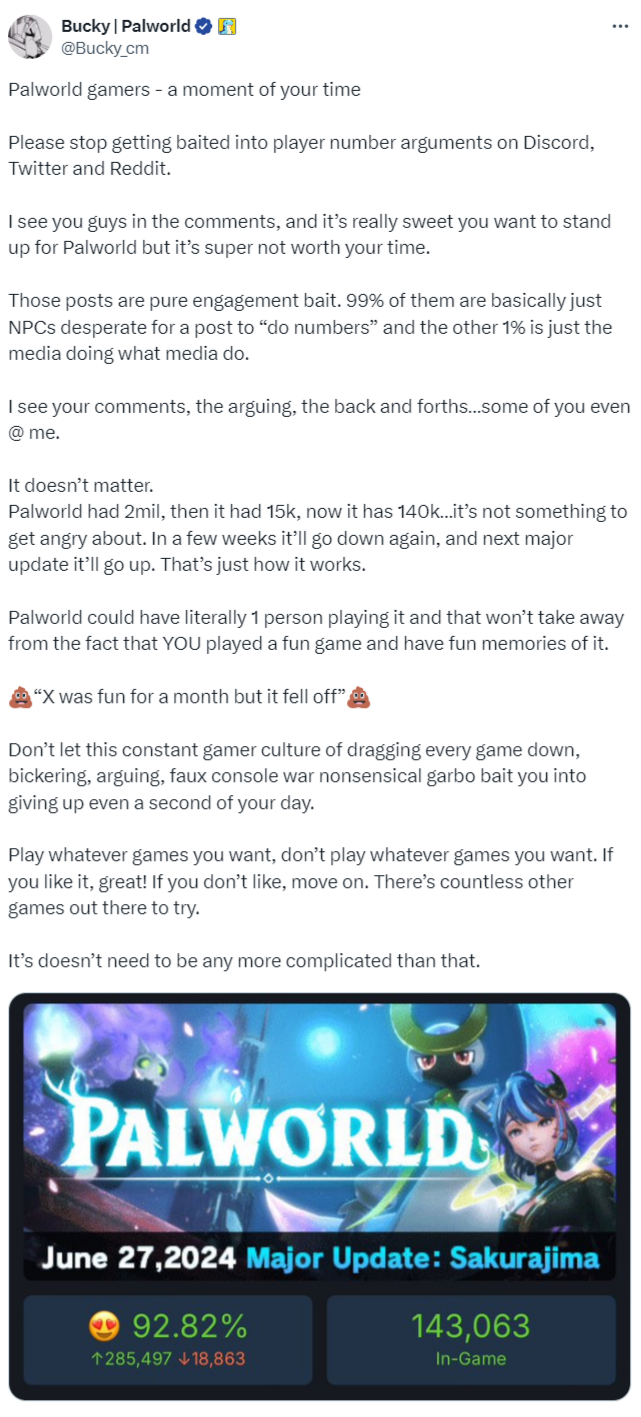 《幻兽帕鲁》社区经理提醒粉丝：不要在意游戏玩家数量争议