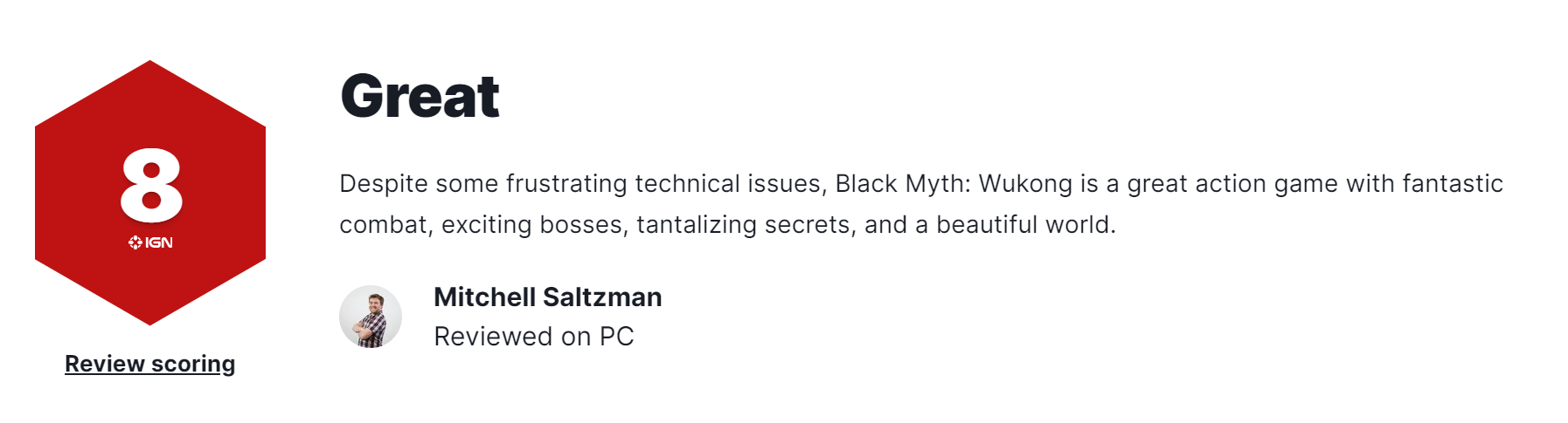 《黑神话:悟空》IGN 8分 一款优秀的动作游戏