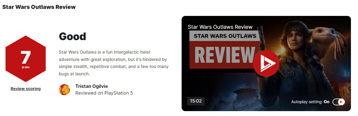 《星球大战：亡命之徒》IGN  7分 战斗重复、bug多