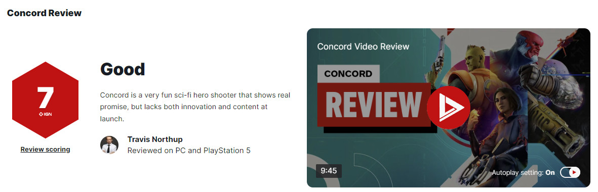 《Concord》IGN  7分 缺乏内容和创新、但值得推荐