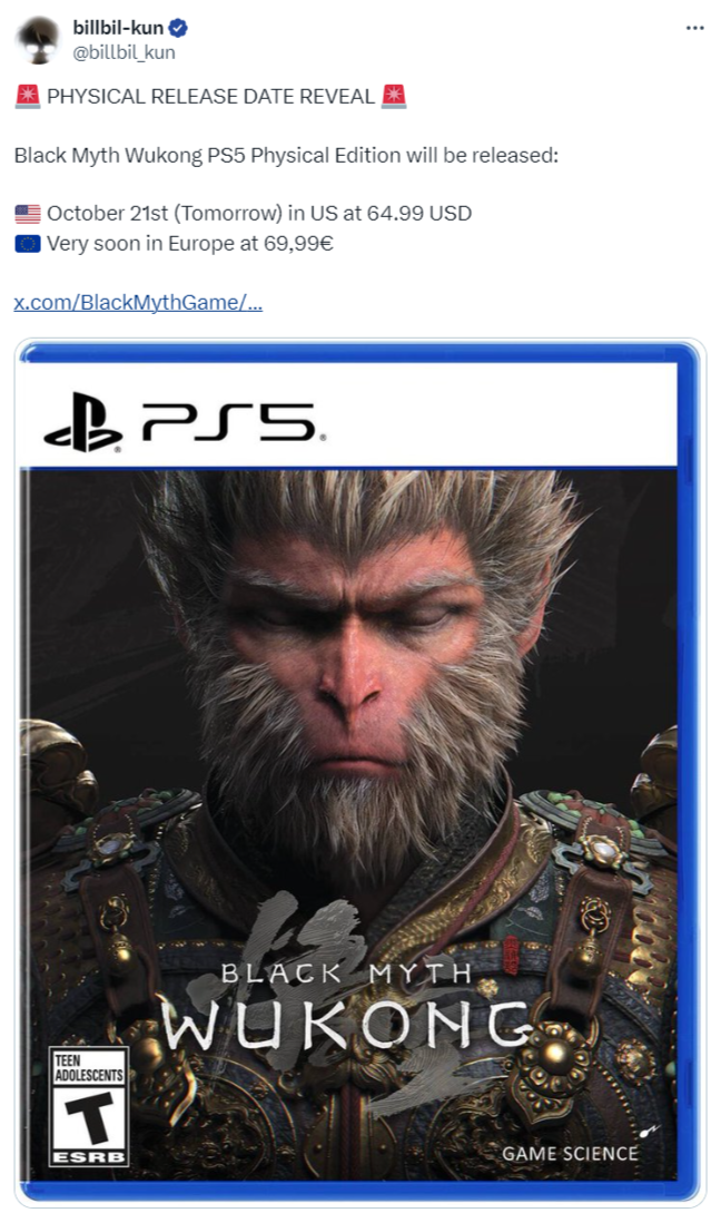 坤哥爆料:《黑神话:悟空》实体版售价65美元