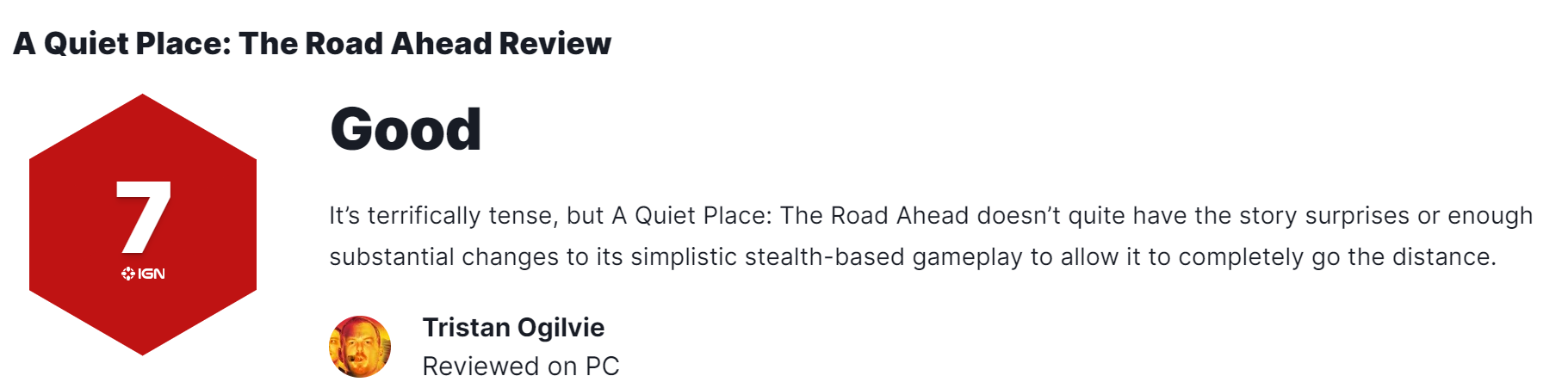 《寂静之地：前方之路》IGN  7分 气氛不错、惊喜不足