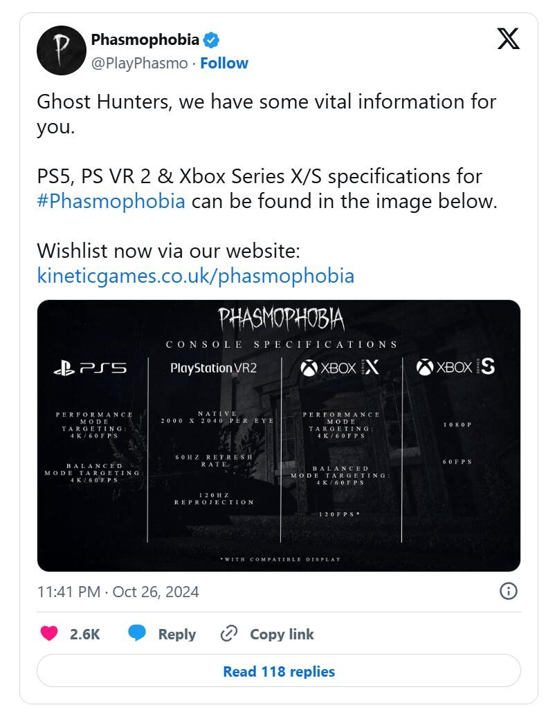 《恐鬼症》主机版目标4K/60FPS  XSX版可120FPS