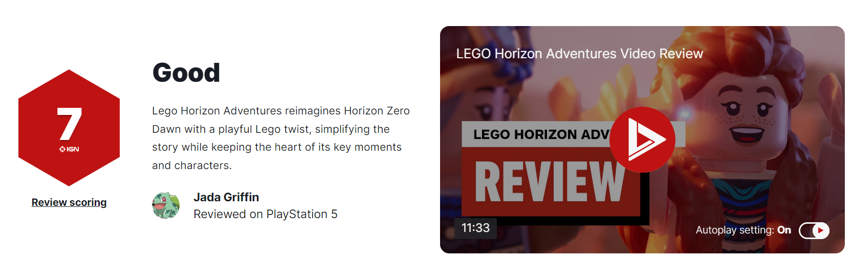 《乐高地平线大冒险》IGN  7分：关卡深刻、音乐优秀