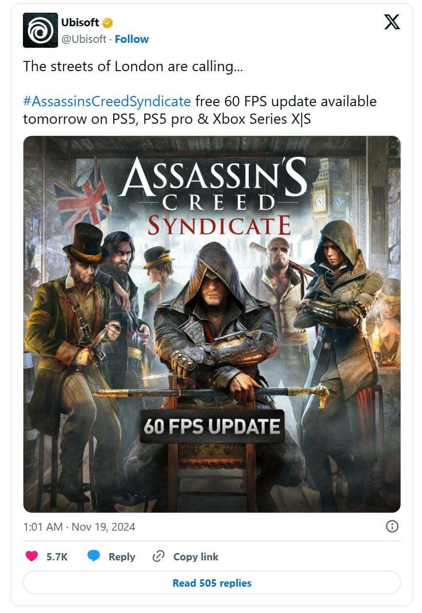 《刺客信条:枭雄》PS5/XSX/XSS版将获得60FPS更新