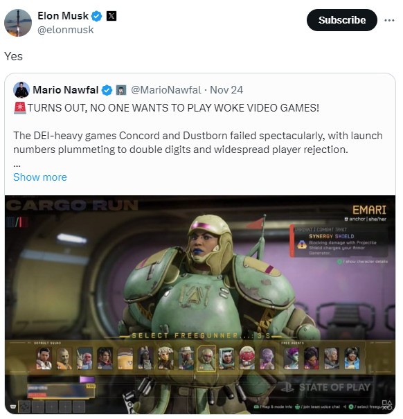 马斯克点赞反DEI游戏推文:没人想玩这些垃圾游戏