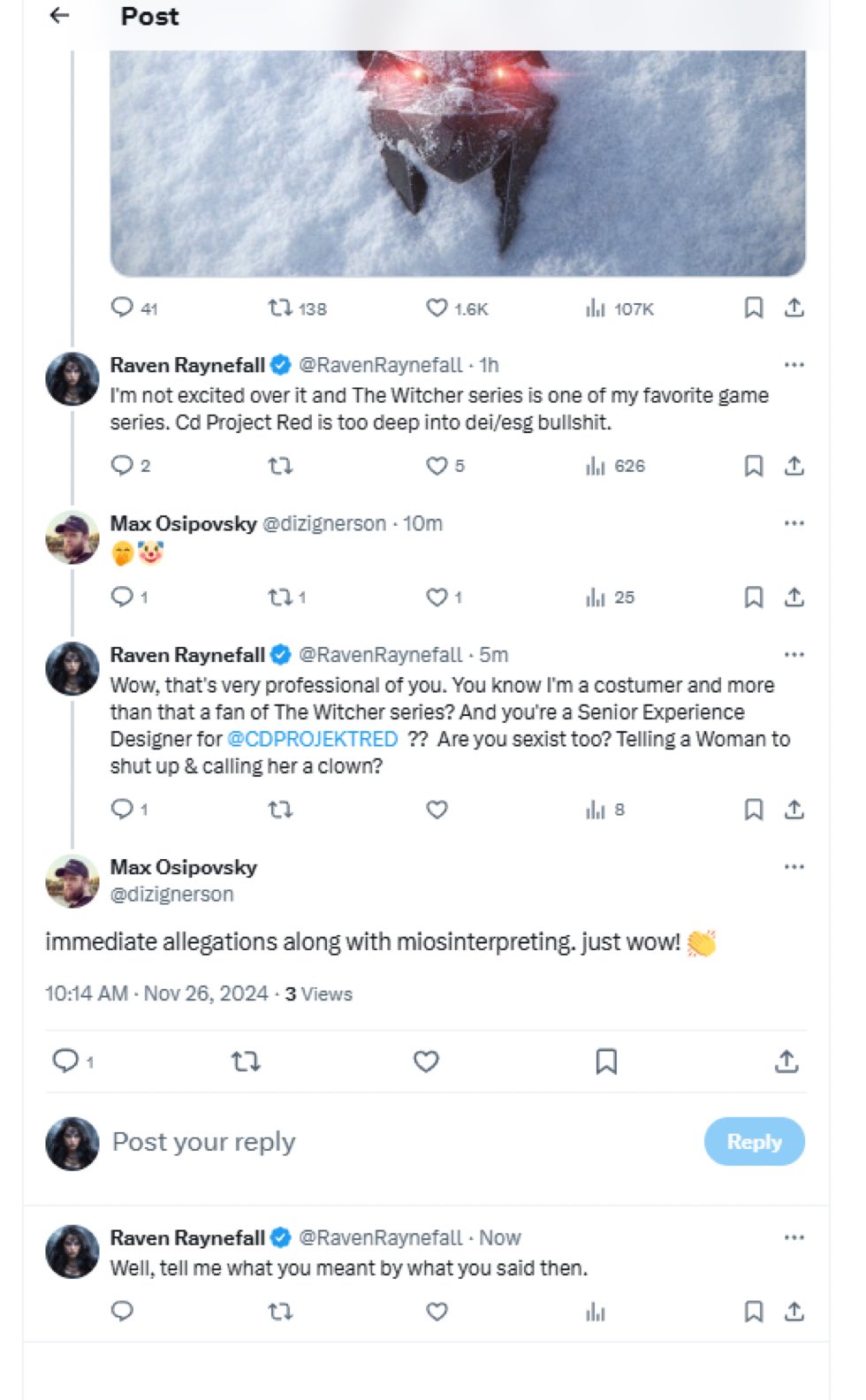 担忧《巫师4》加入DEI  玩家被CDP设计师嘲讽是小丑