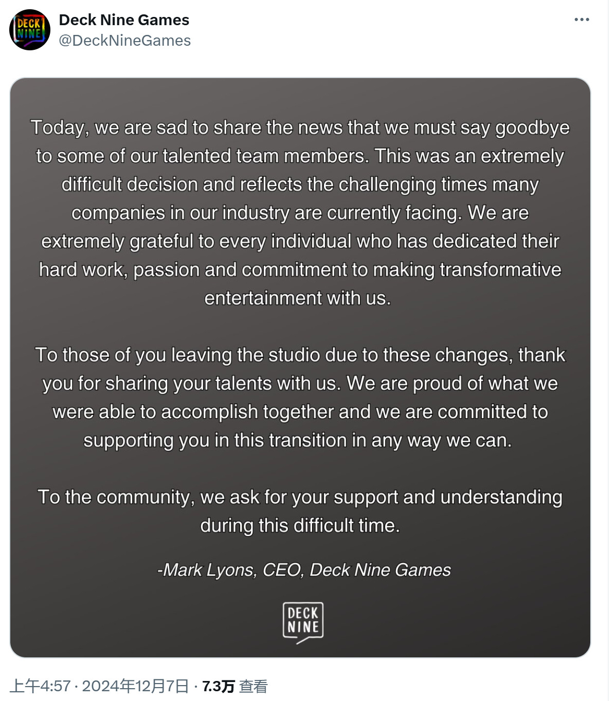 《奇异人生》开发商Deck  Nine宣布第三次裁员
