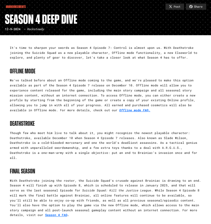 《自杀小队:消灭正义联盟》正式宣布即将停止支持 离线模式确认